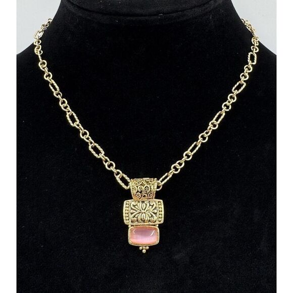Cookie Lee Gold Tone Pink Cats Eye Floral Pendant Oval Round Link Necklace - Picture 1 of 9